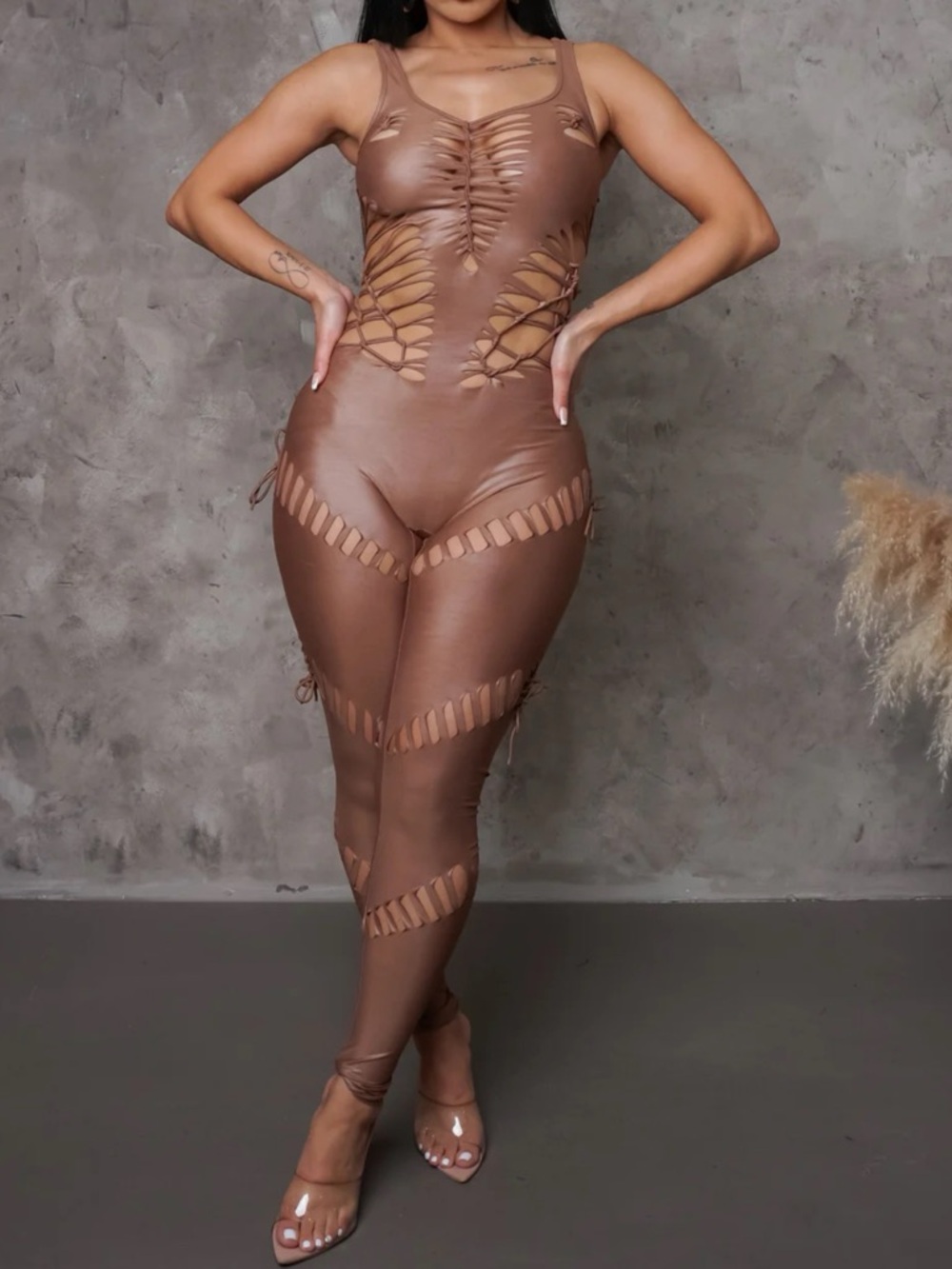 Magnolia Cutout Sleeveless Brown Faux-Leather Jumpsuit